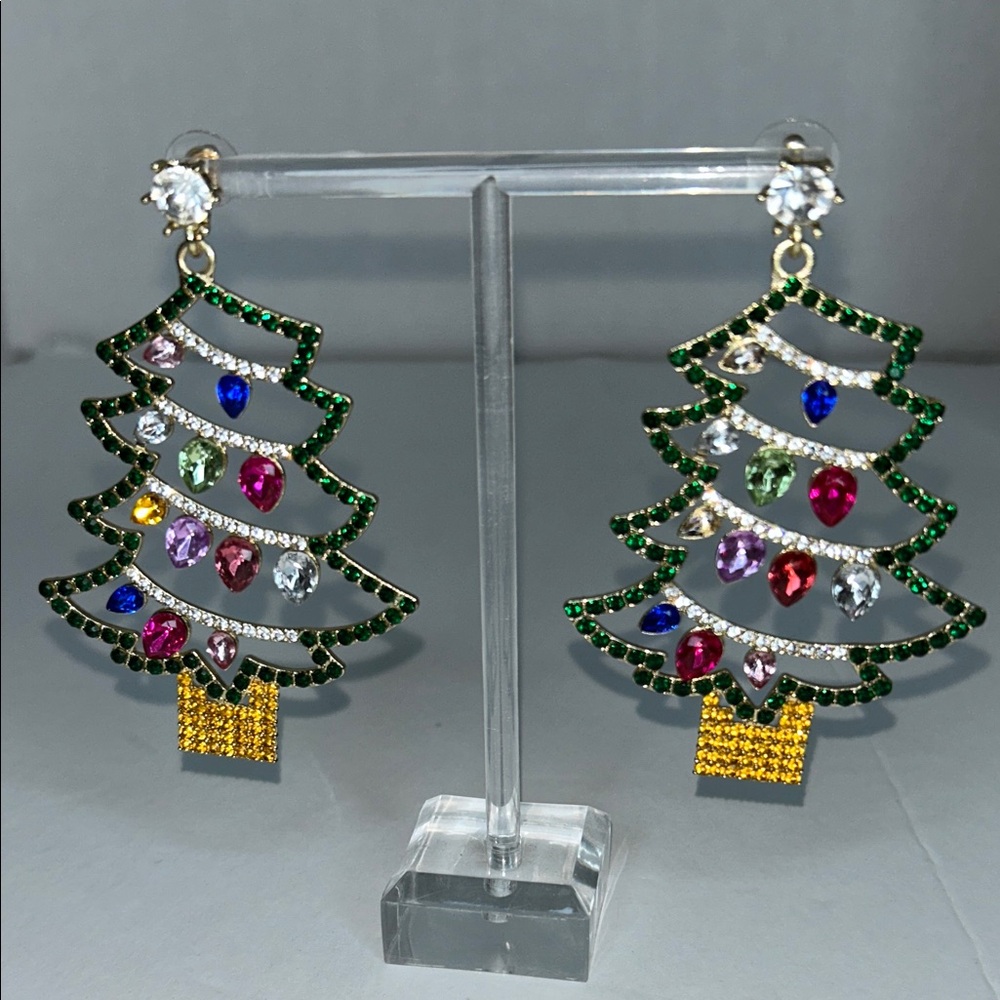 Festive Christmas Tree Earrings with Multicolor Gems